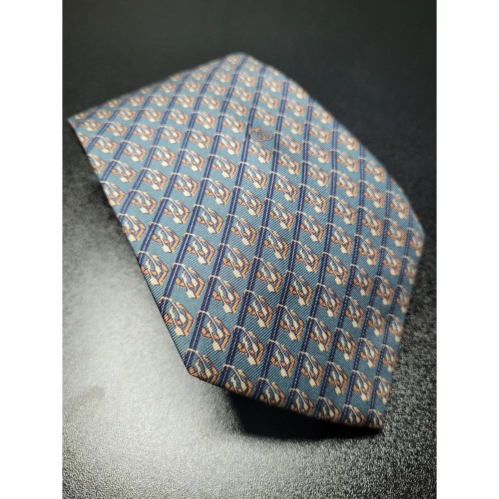 Gucci Men's Necktie Blue Geometric Stirrup 100% Silk 3.5